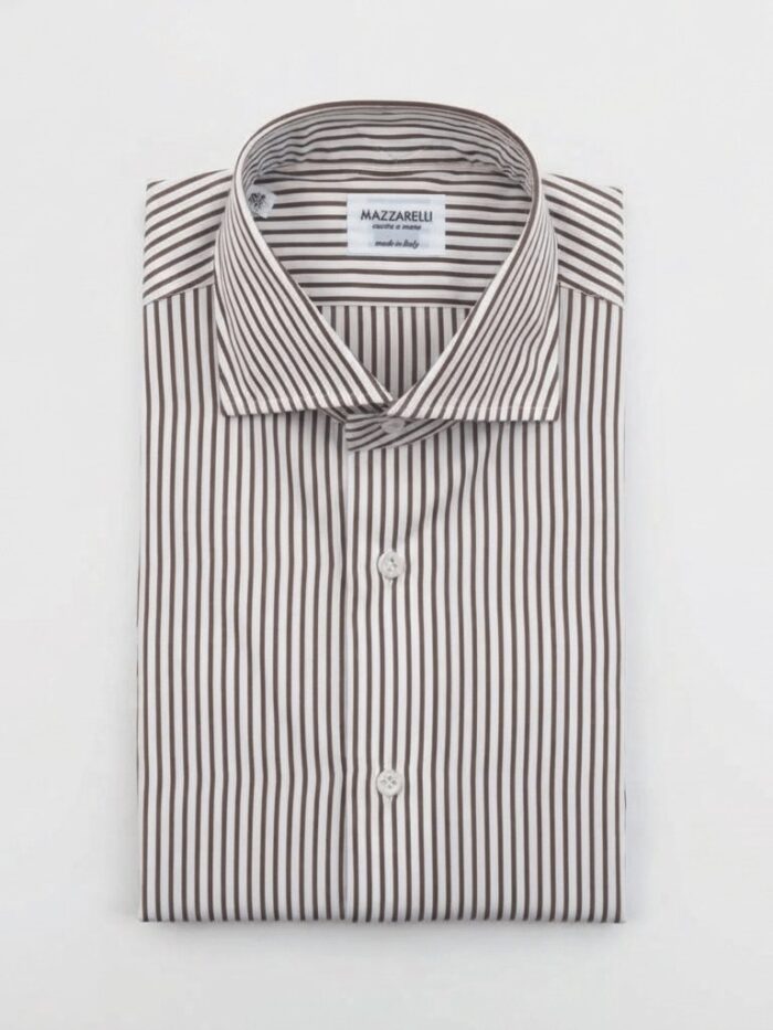 Camicia a righe bianca e marrone in popeline di Thomas Mason