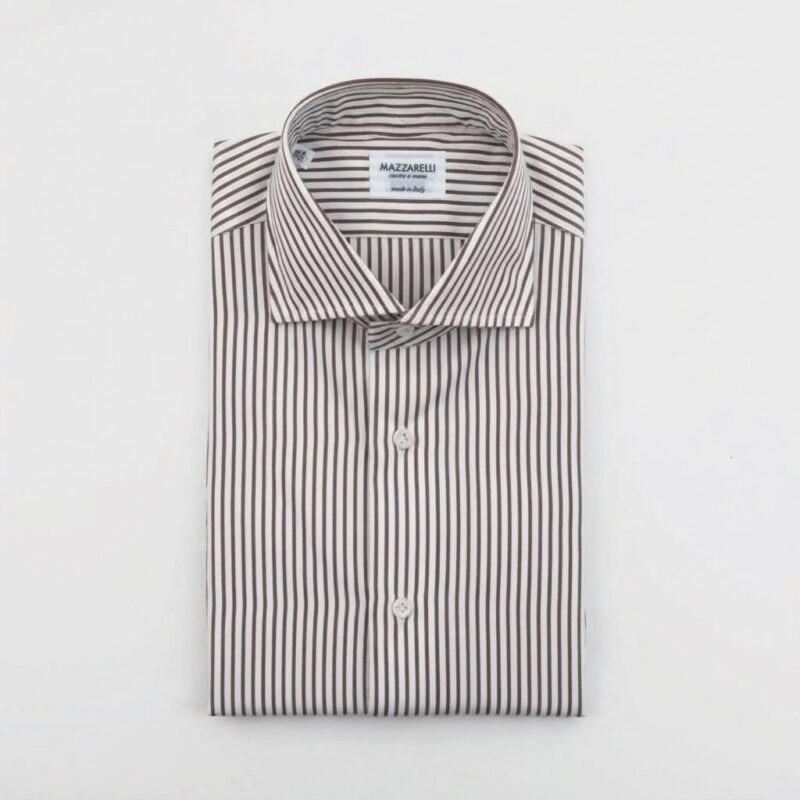 Camicia a righe bianca e marrone in popeline di Thomas Mason